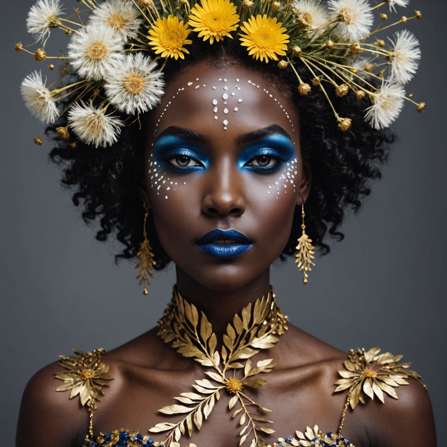 A woman with dark skin, with sapphire eyes, abstract makeup on her face in gold and silver, with hair From white dandeli...