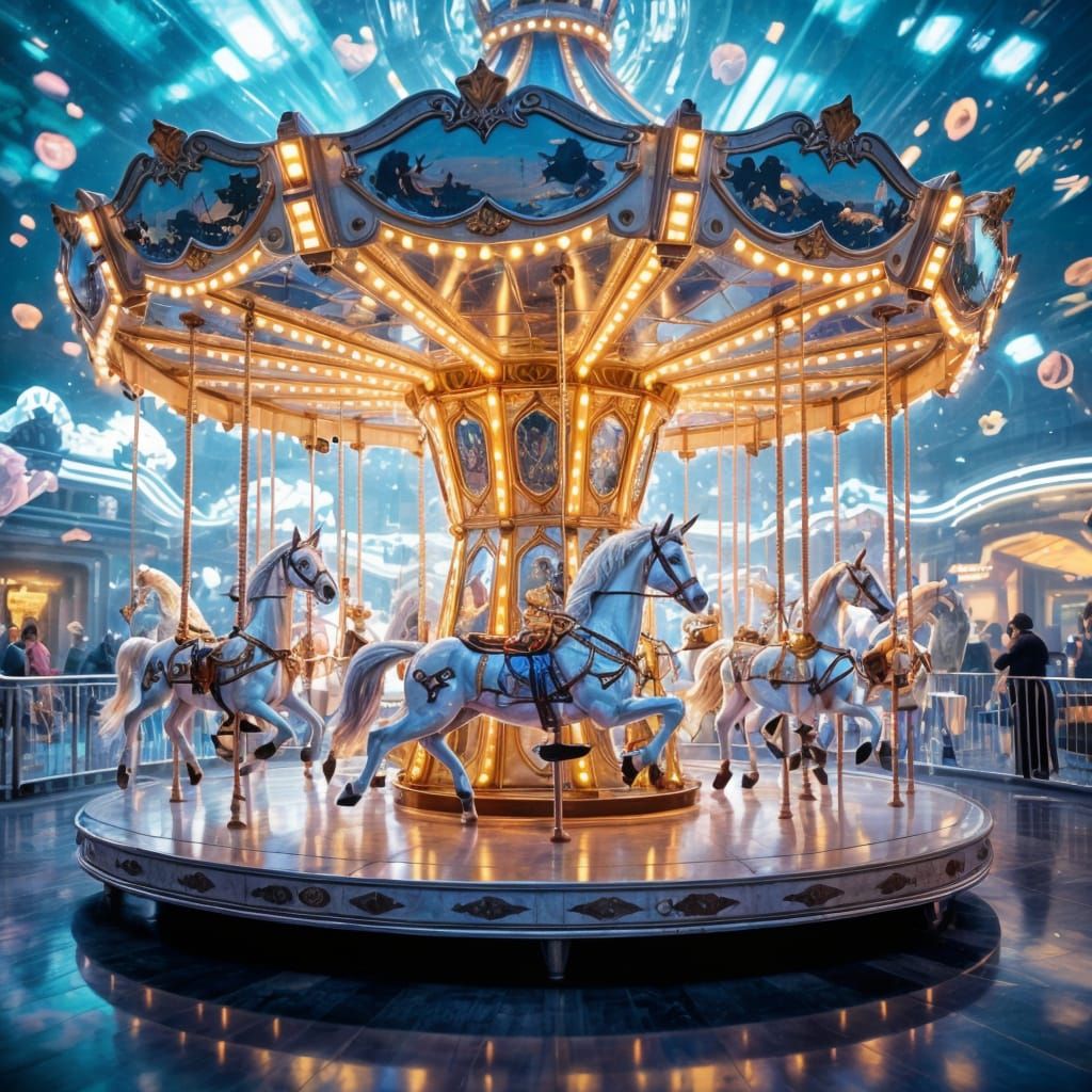 Futuristic Carousel With Glowing Animals in Dreamlike Atmosp...