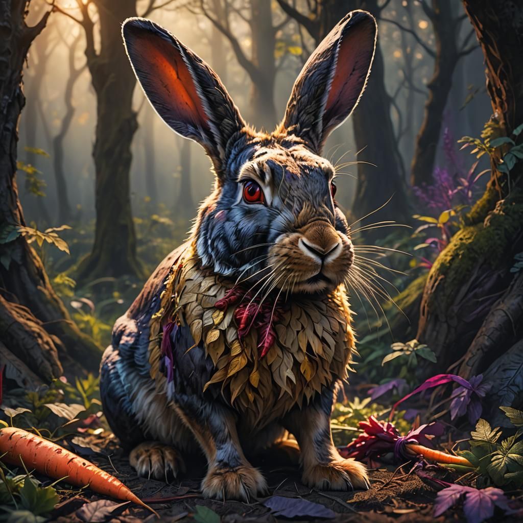 Mystical Forest Rabbit Eating Carrot, Dark Fantasy Art
