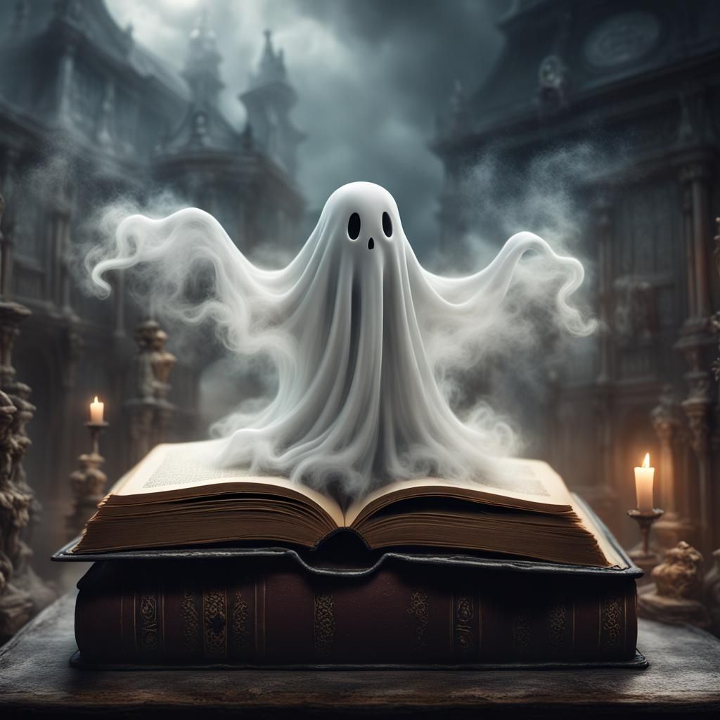Miniature spooky cute ghost coming out of an open book