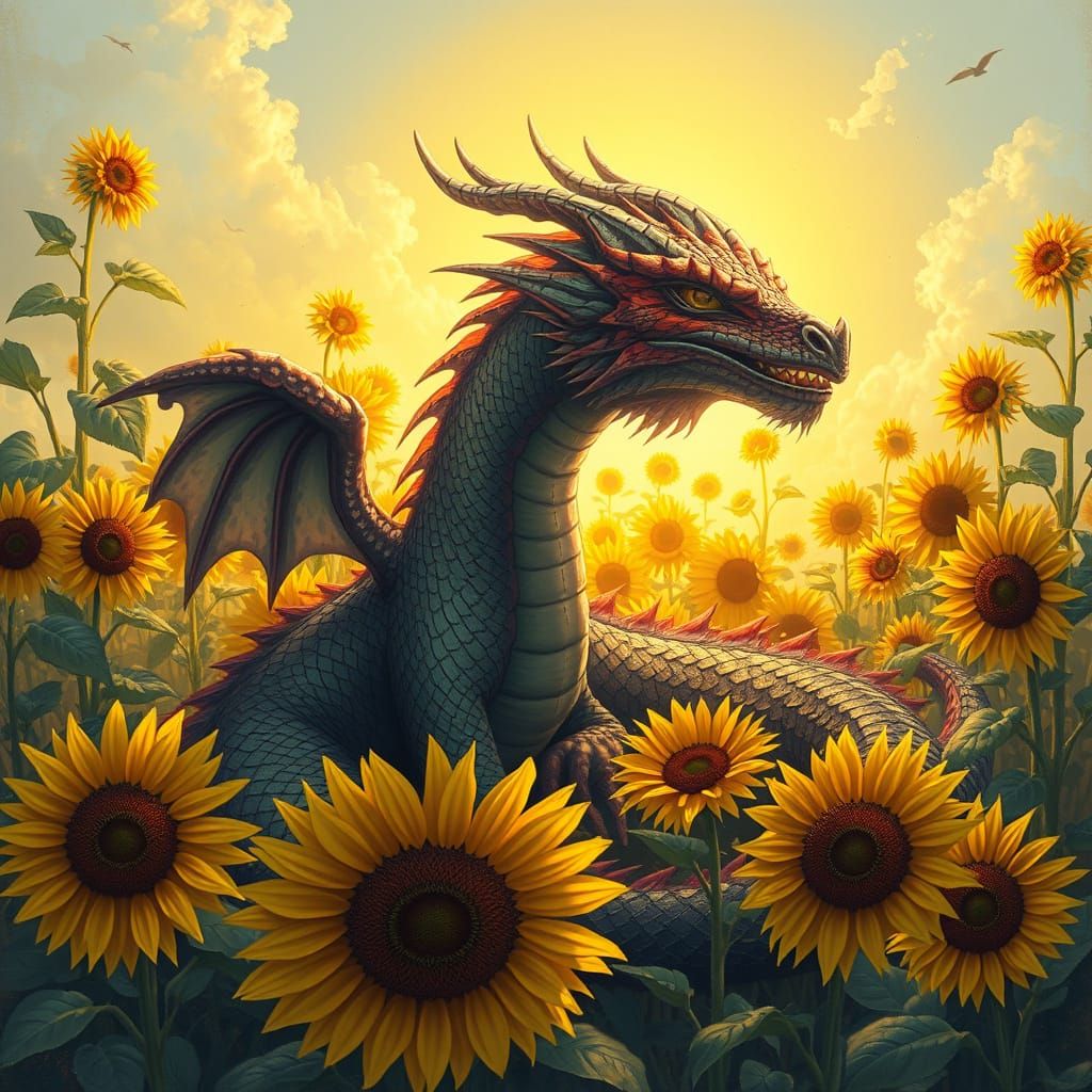 Dragon in a Sunflower Meadow