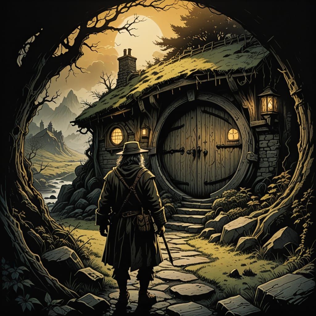 Fantasy Hobbit Silhouette at Round Door of Earthy Hobbit Hol...