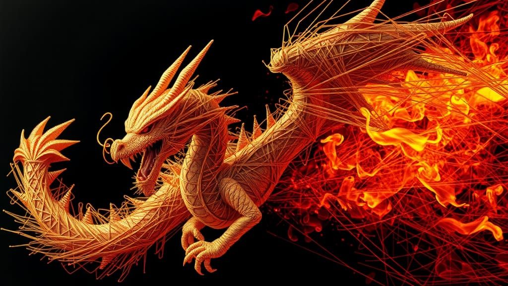 Fiery Dragon Formed from Intricately Woven Strings