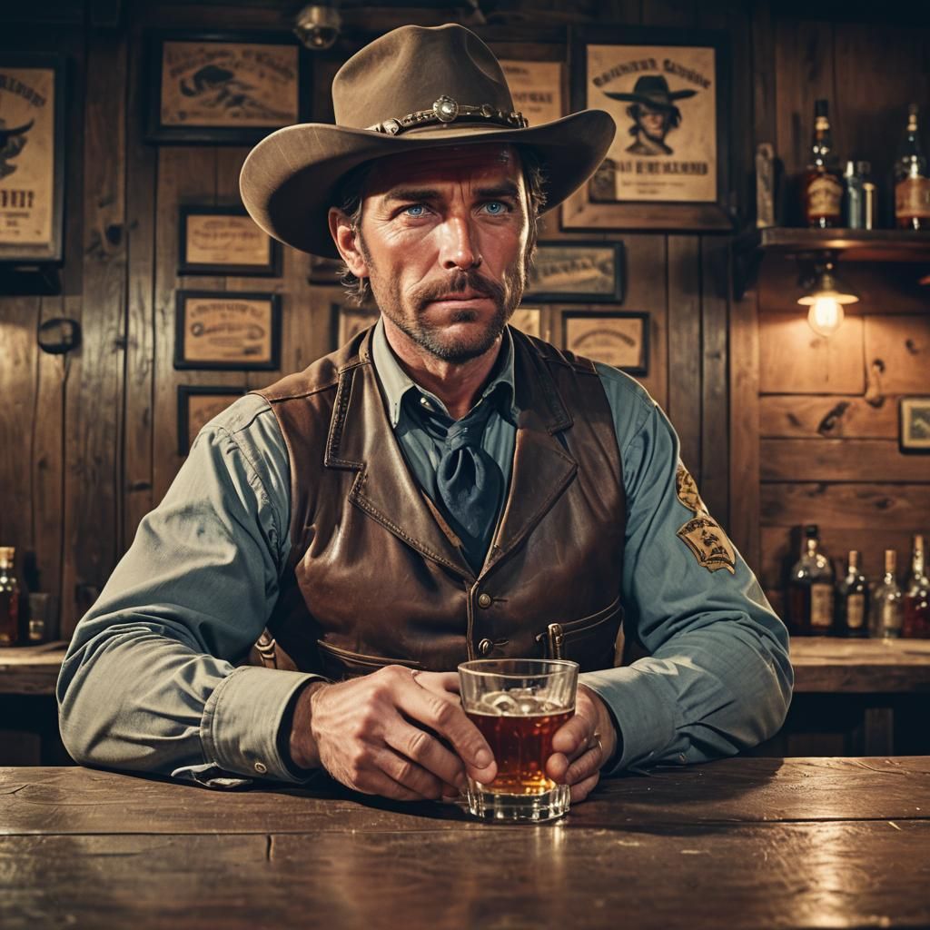 Blue-Eyed Sheriff Drinks Whiskey in Western Saloon
