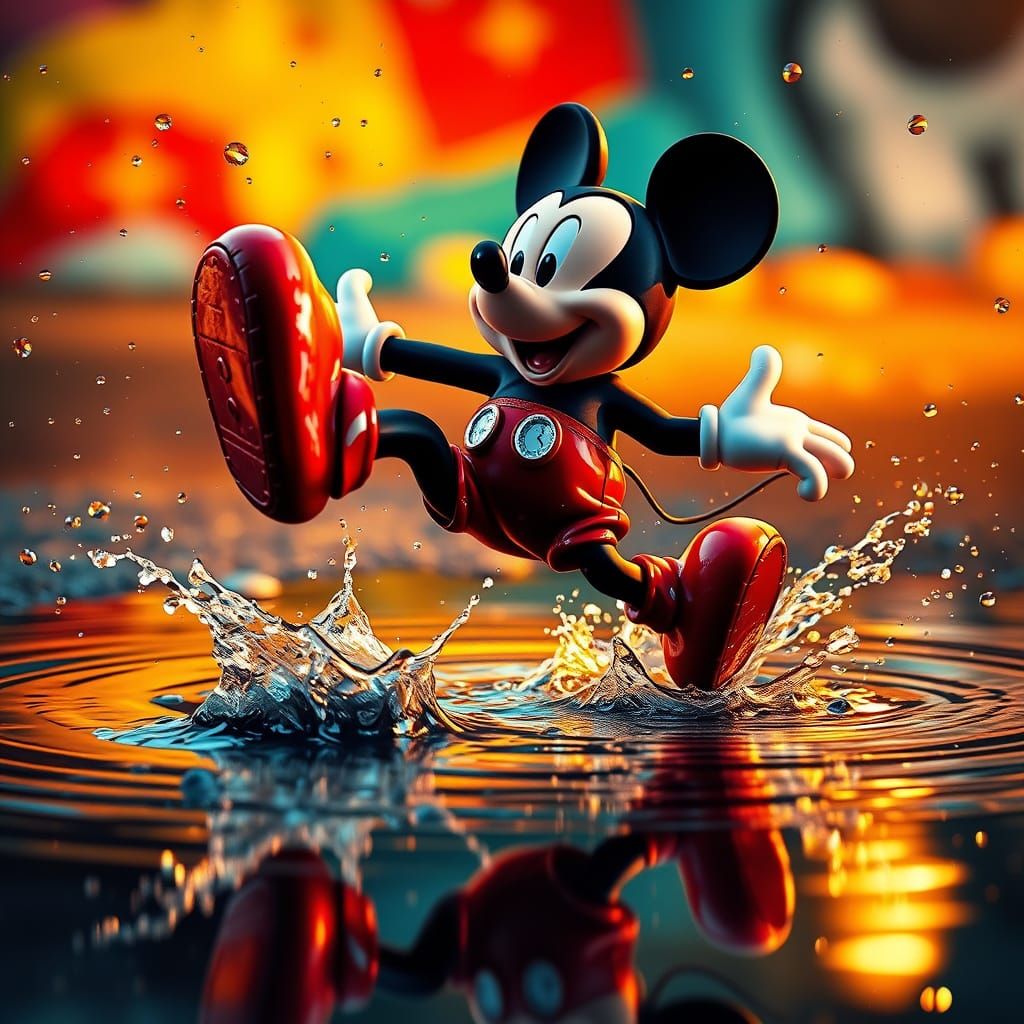 Vibrant Mickey Mouse Leaps into Shimmering Puddle in Dynamic...