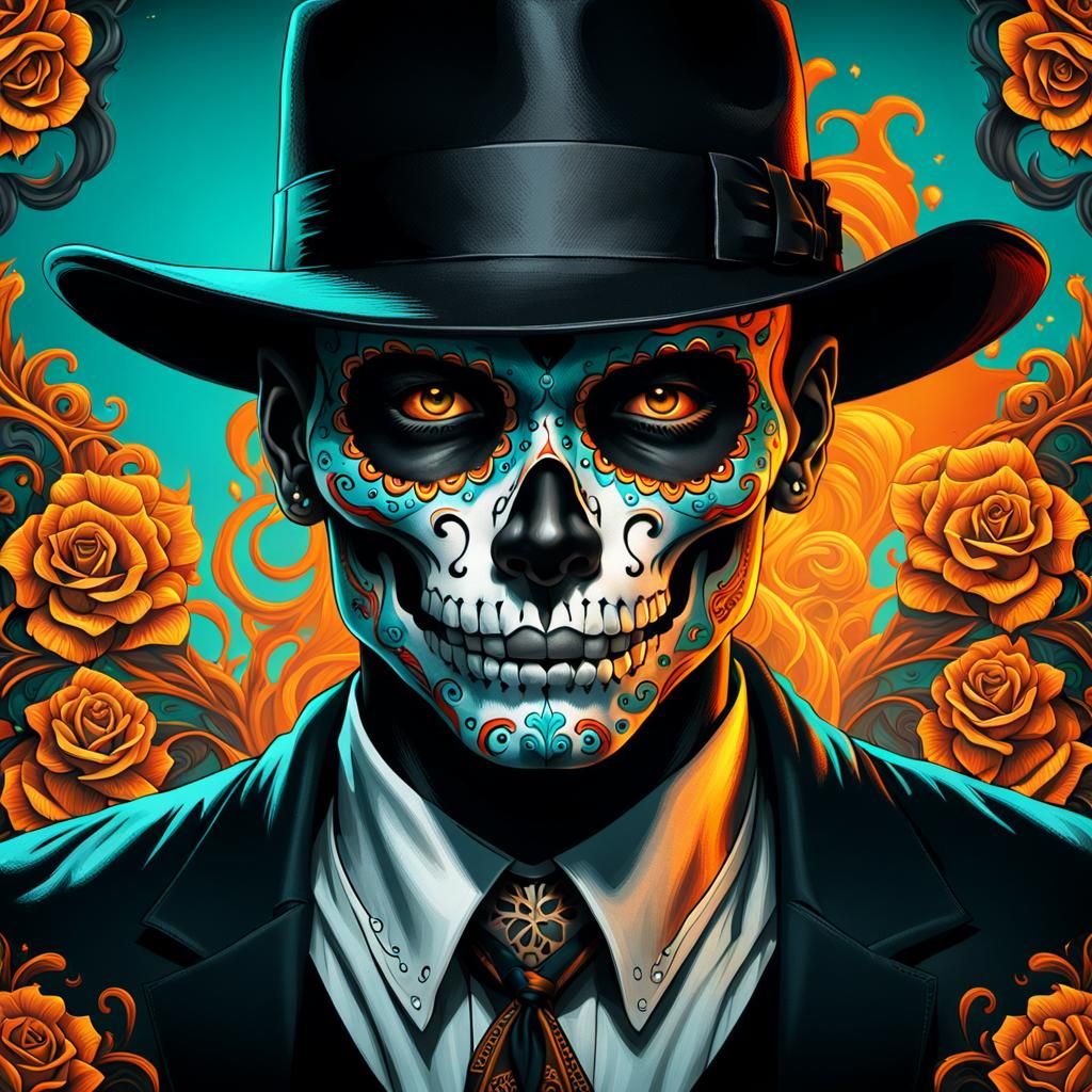Gothic Noir: Sugar Skull Gangster Portrait