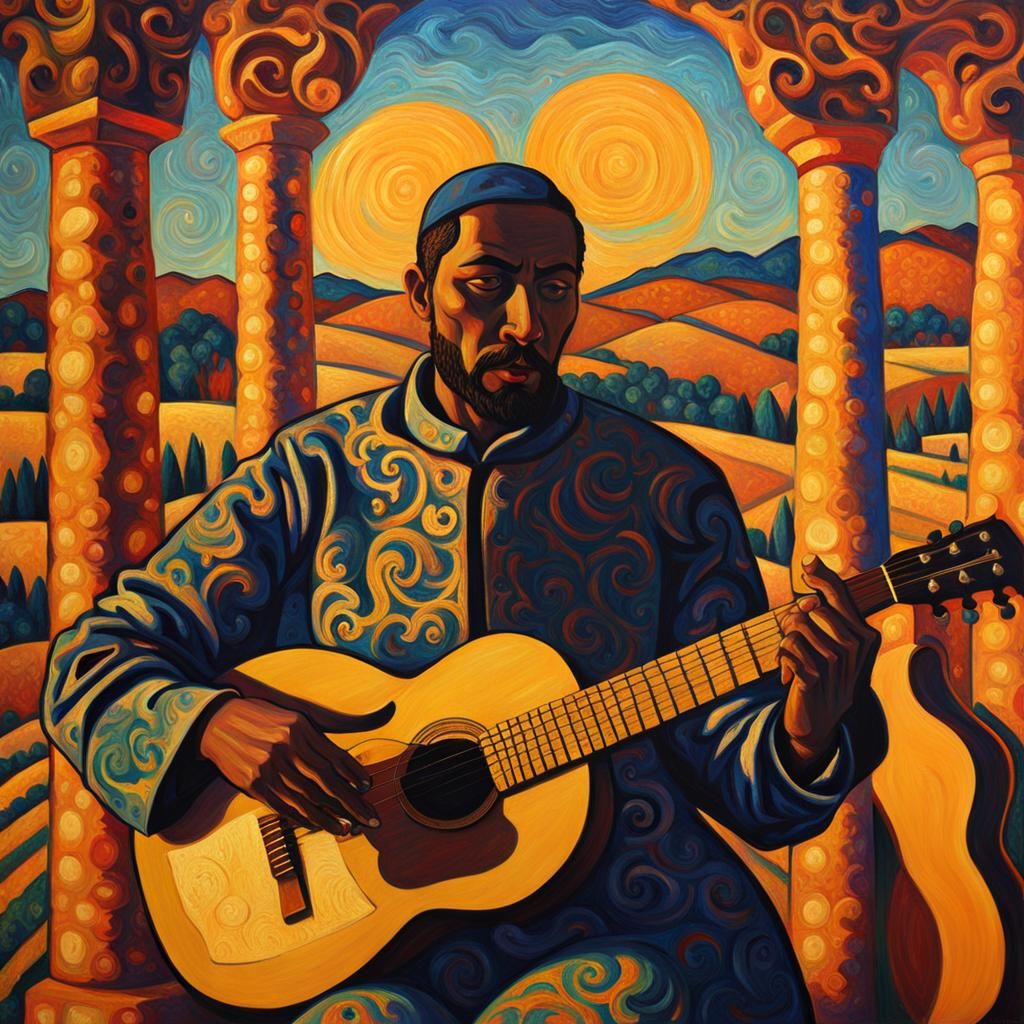 Guitarist in Brocade: Fauvist Dreamcore at Golden Hour