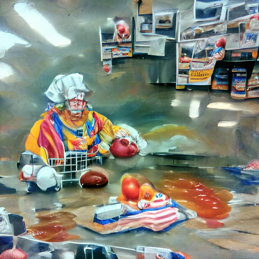 Sad Clown Cooking Demo in Hyperrealistic Grocery Store