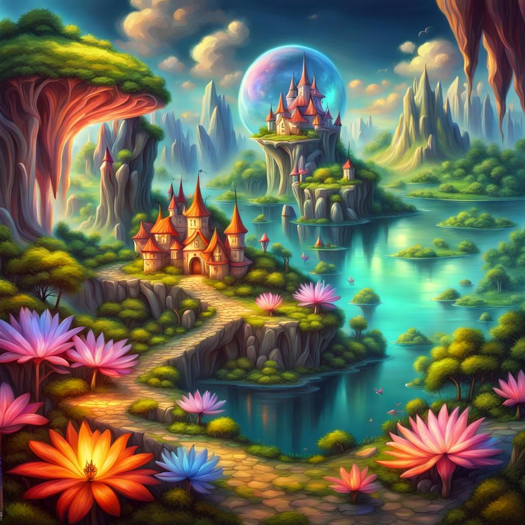 Vivid Fairyland Landscape with Floating Islands