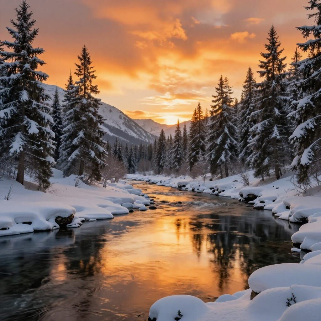Tranquil Snowy Mountain Sunset Reflecting in River