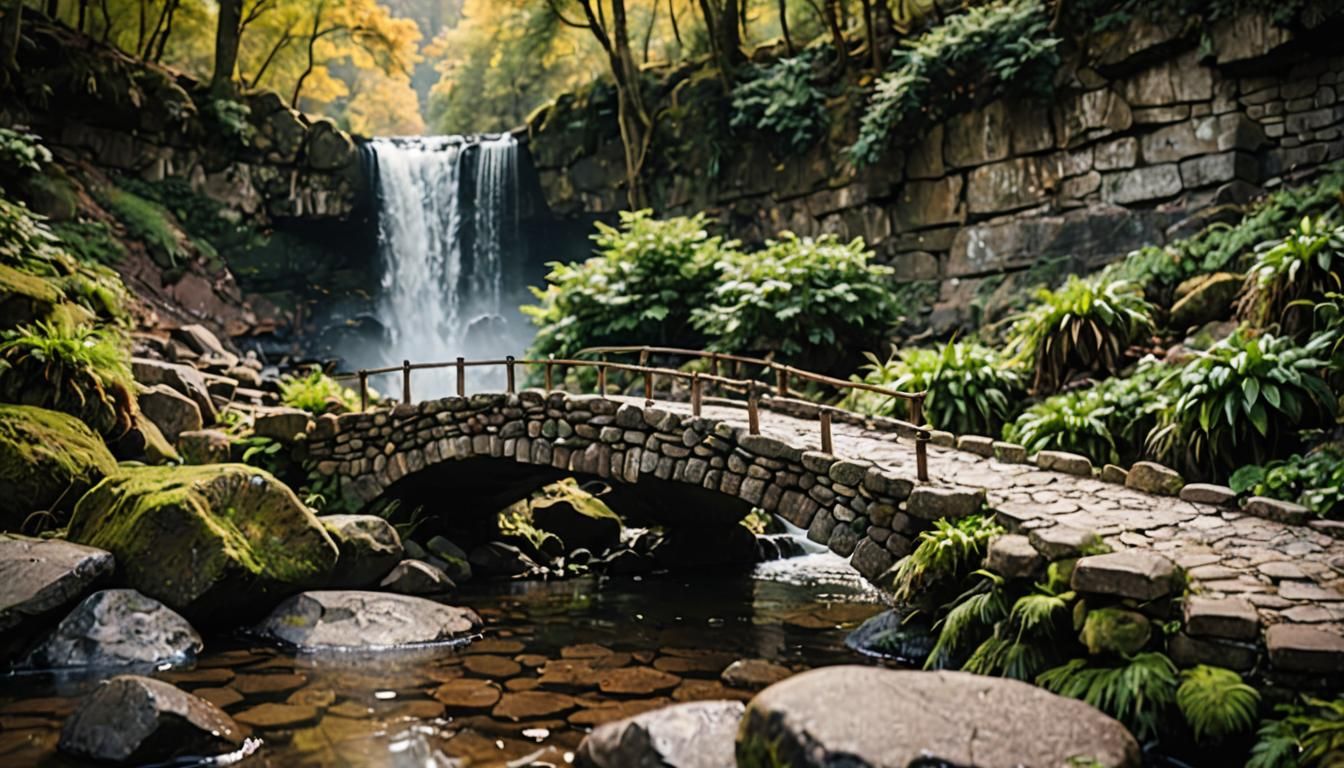 Rustic Stone Bridge near Waterfall in Natural Light