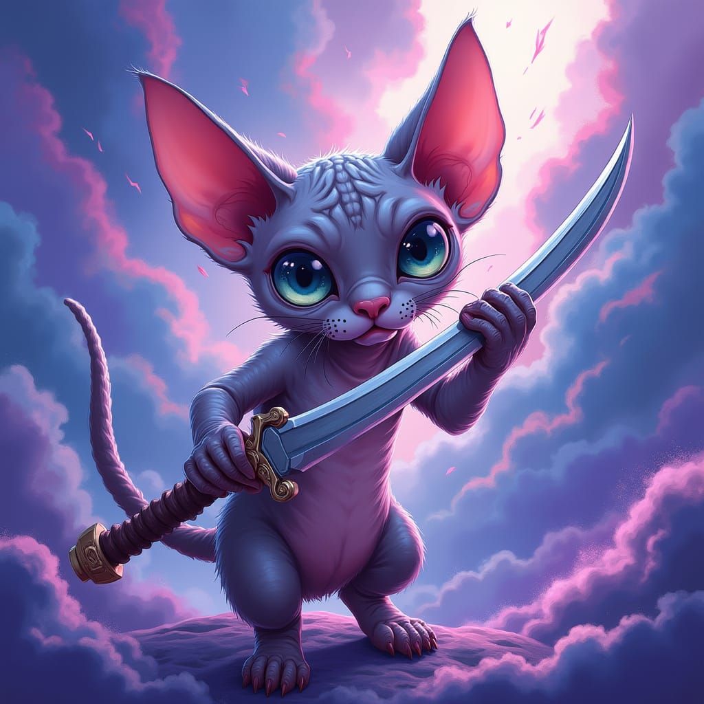 Stylized Sphynx Cat Wields Sword: Twitch Emote Art