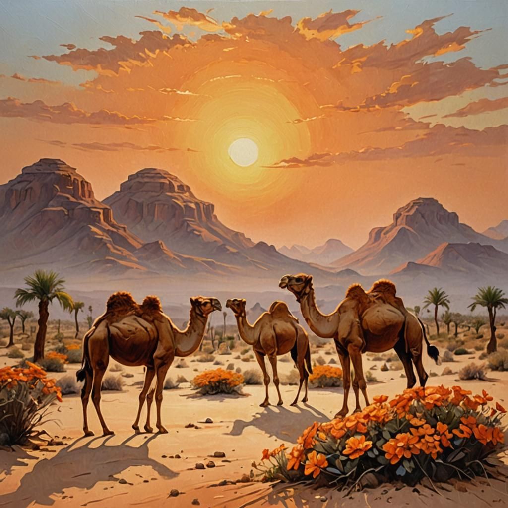 Orange Desert Sunset with Blossom, Oil Painting