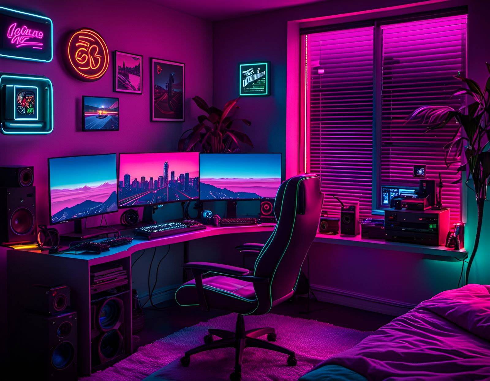 Synthwave Gaming PC Setup in Neon 80s Bedroom
