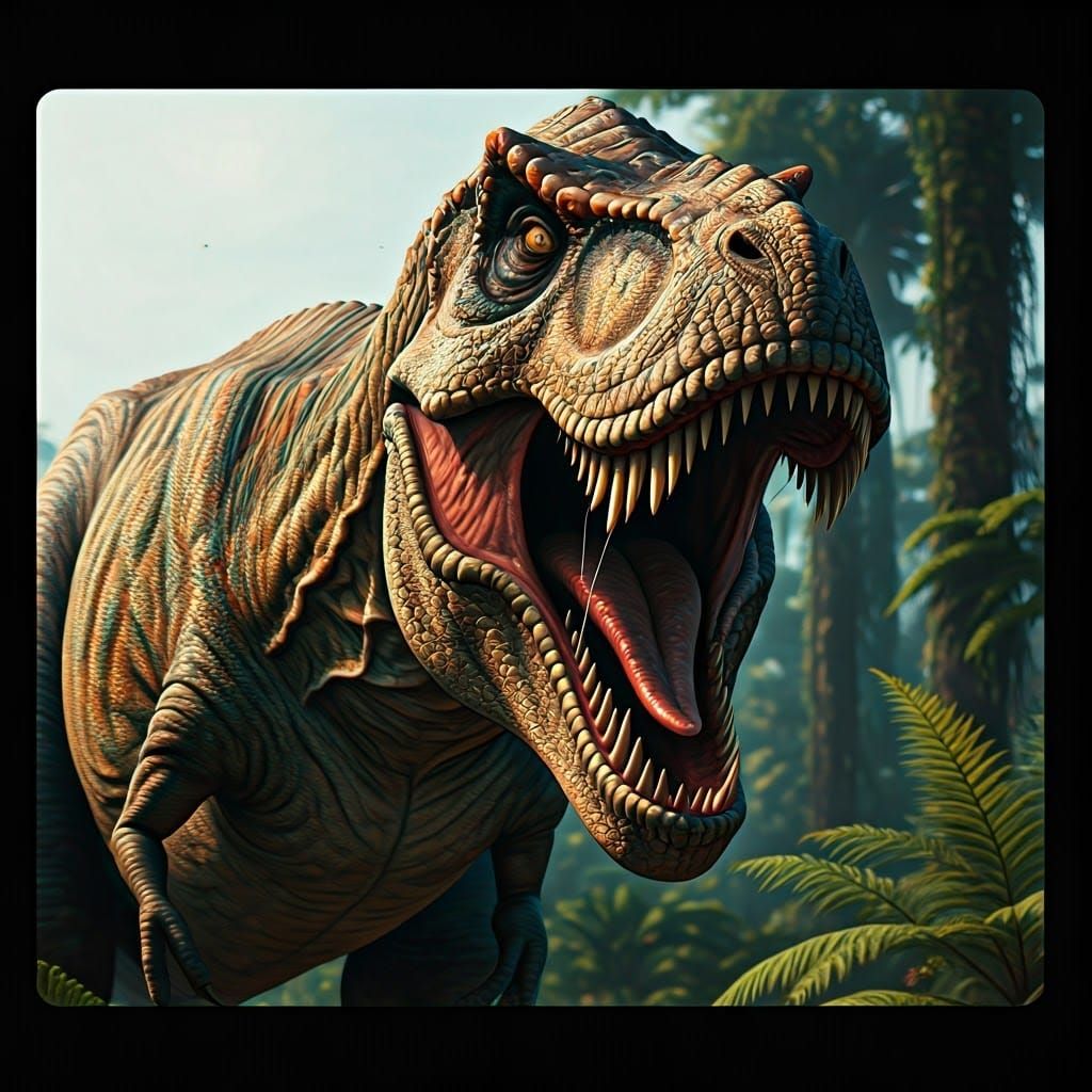 Frenzied T-Rex Attack in Retro Horror Style