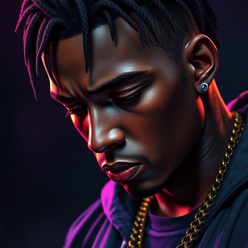 Sorrowful Hip Hop Icon in Hyper-Realistic Portrait
