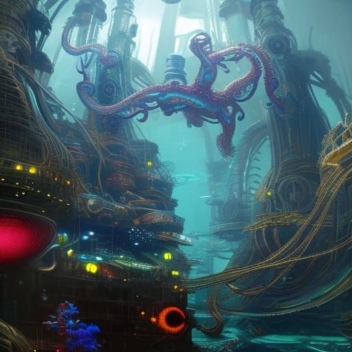 Ornate Cyberpunk Atlantis: Underwater City of Gold