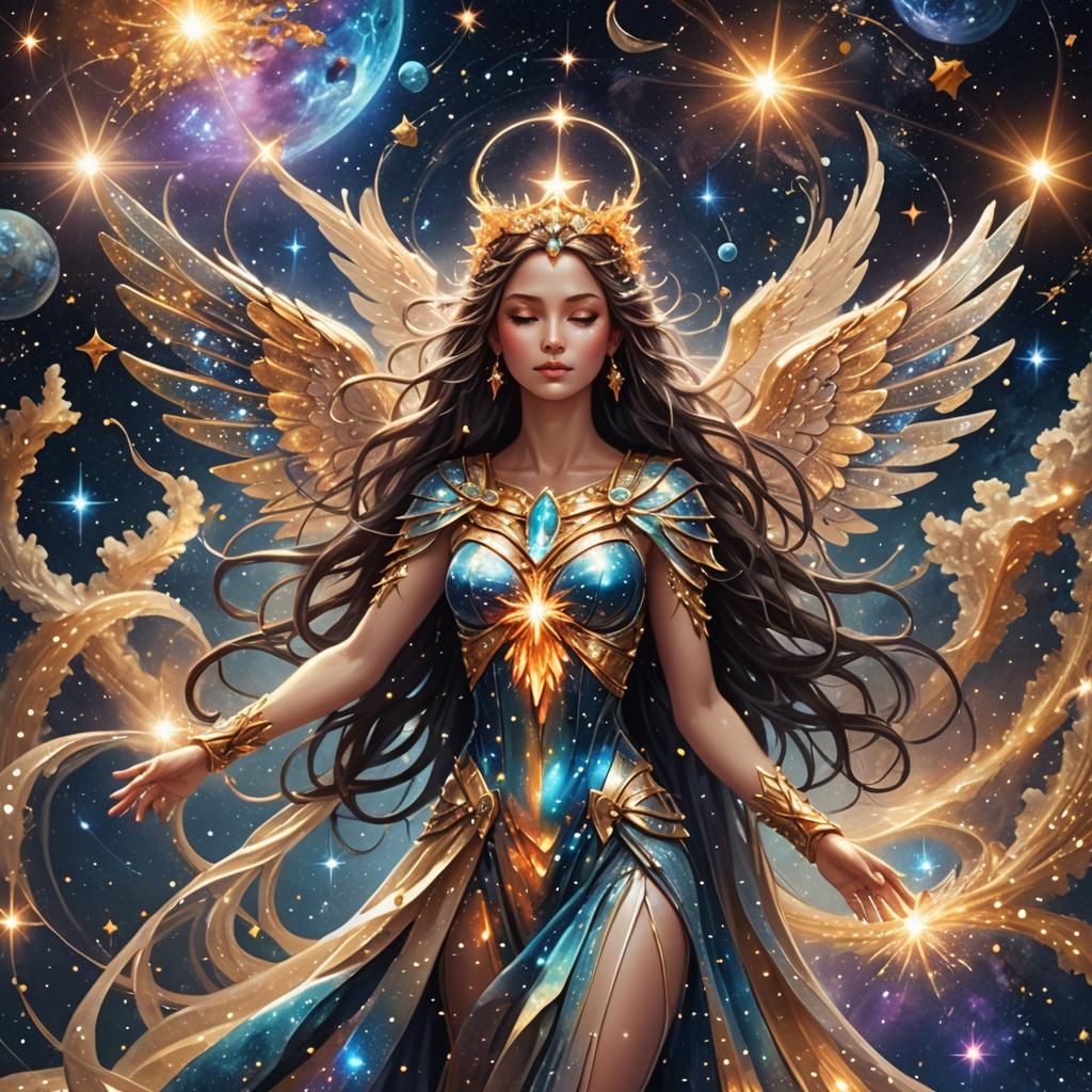 Winged Goddess in Sparkling Cosmic Action Scene