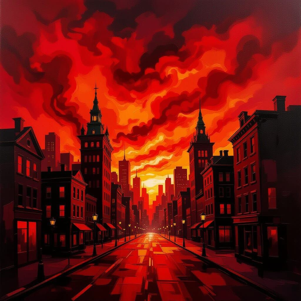 Expressionist Cityscape Melts Under Crimson Tempest