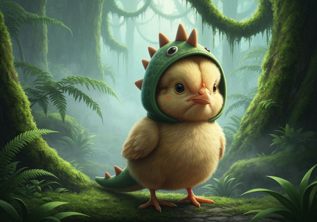 Cute Chick in Dinosaur Costume in Jurassic Jungle