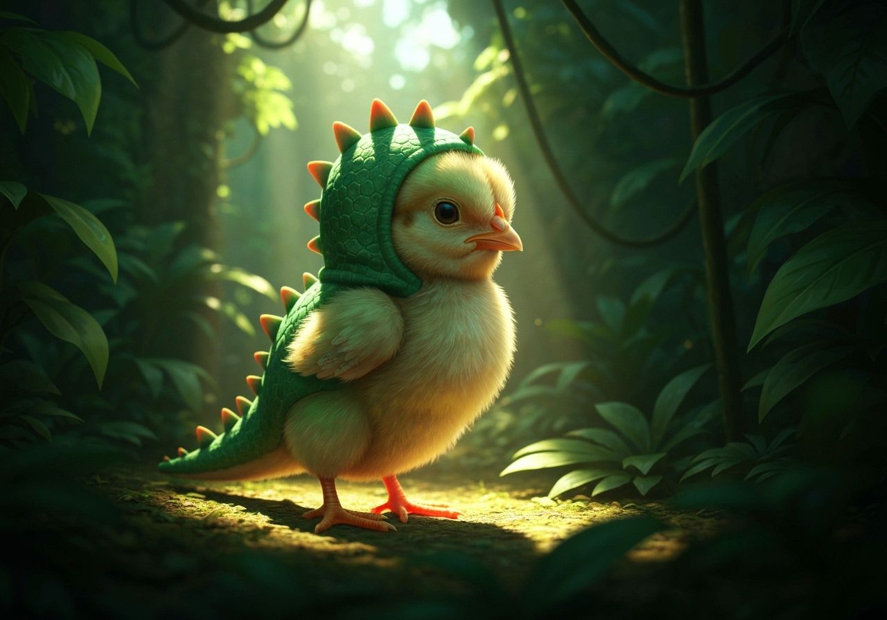 Adorable Baby Chick in Dinosaur Costume in Lush Jungle