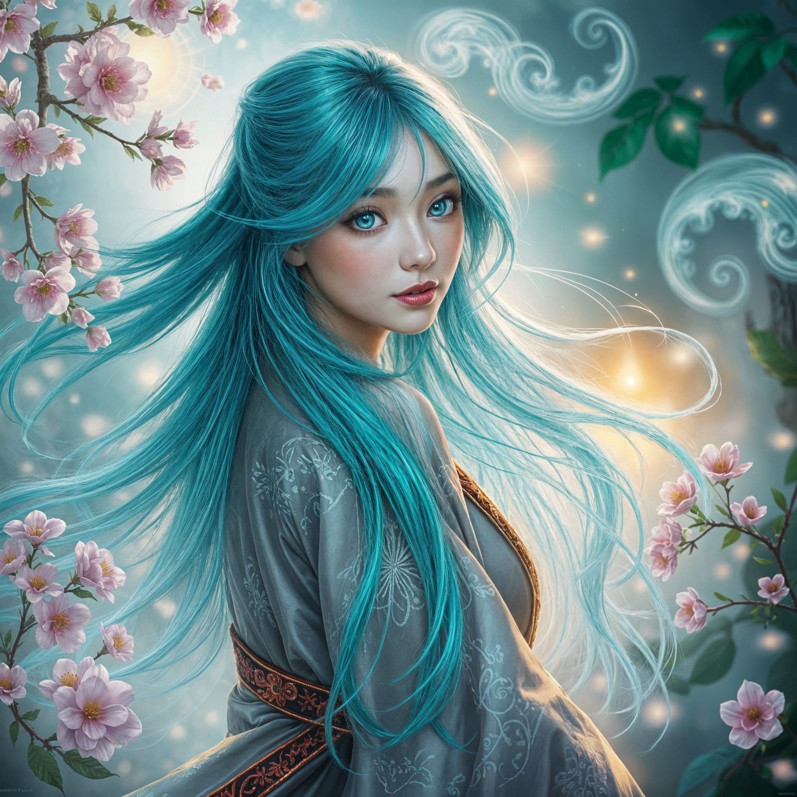 Ethereal Asian Woman with Turquoise Hair