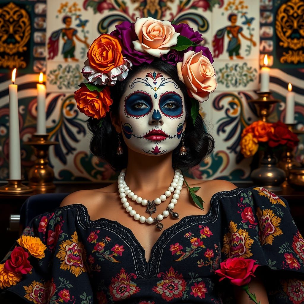 Vibrant Día de los Muertos Portrait in Baroque Style