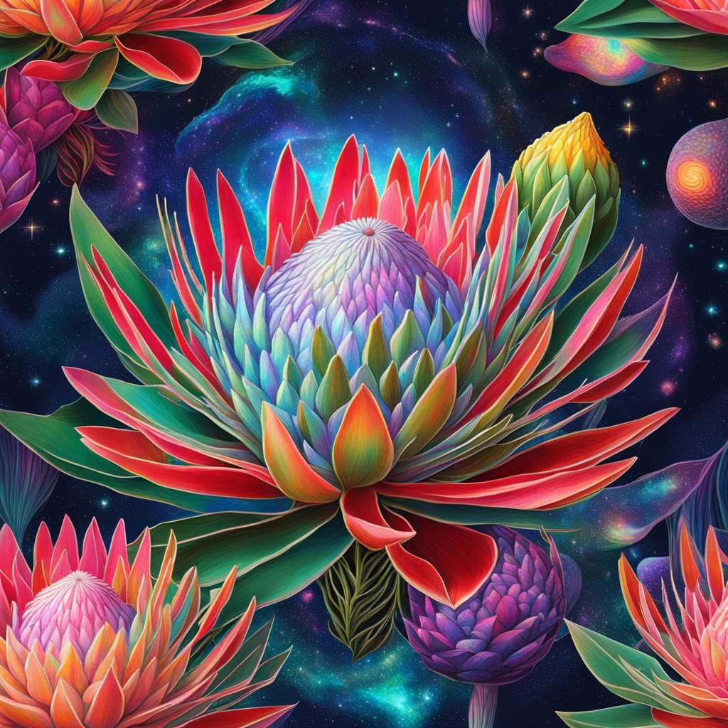 Holographic Protea Flower in Astral Cosmic Style
