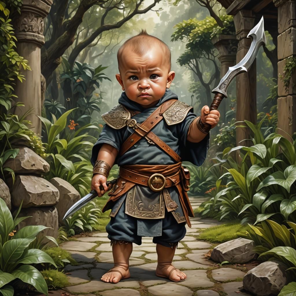 Playful Baby Barbarian Monk in Secret Garden