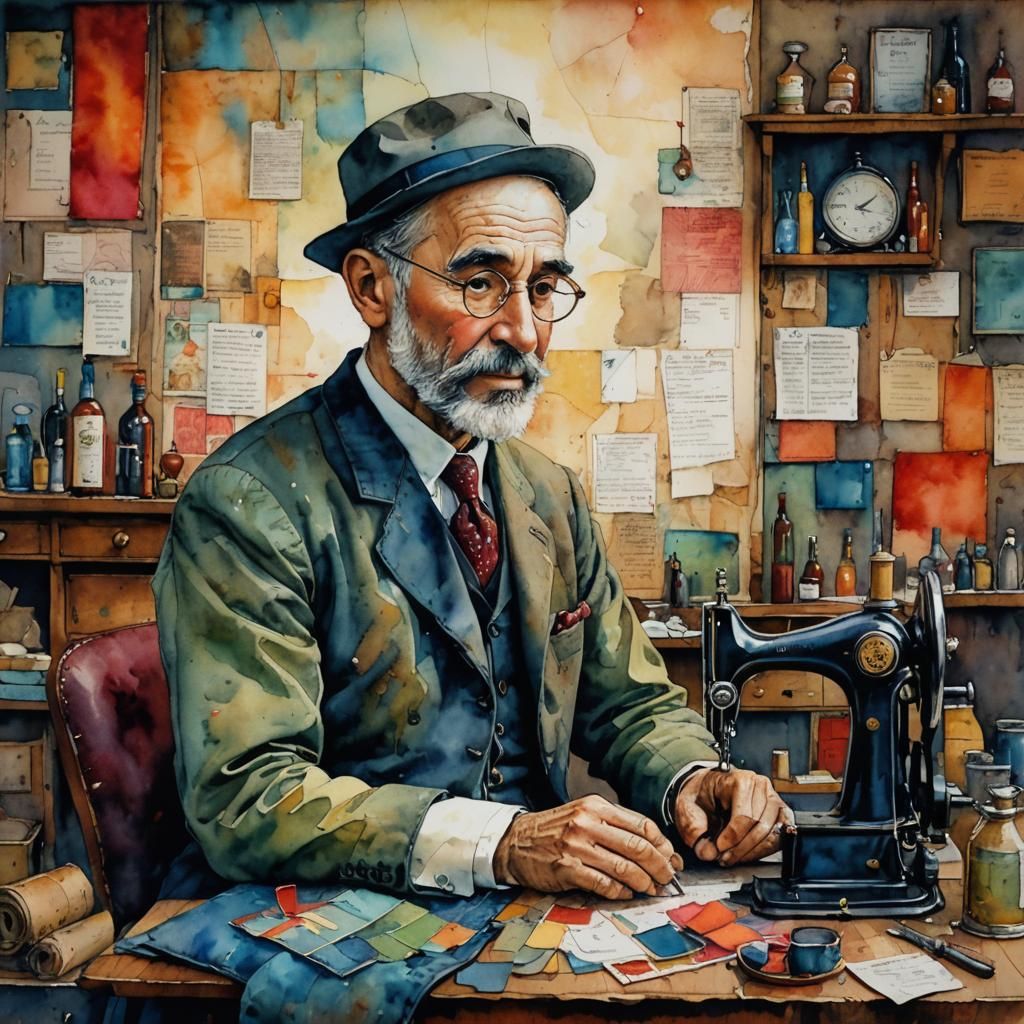 Vibrant Watercolor Portrait of a Tailor