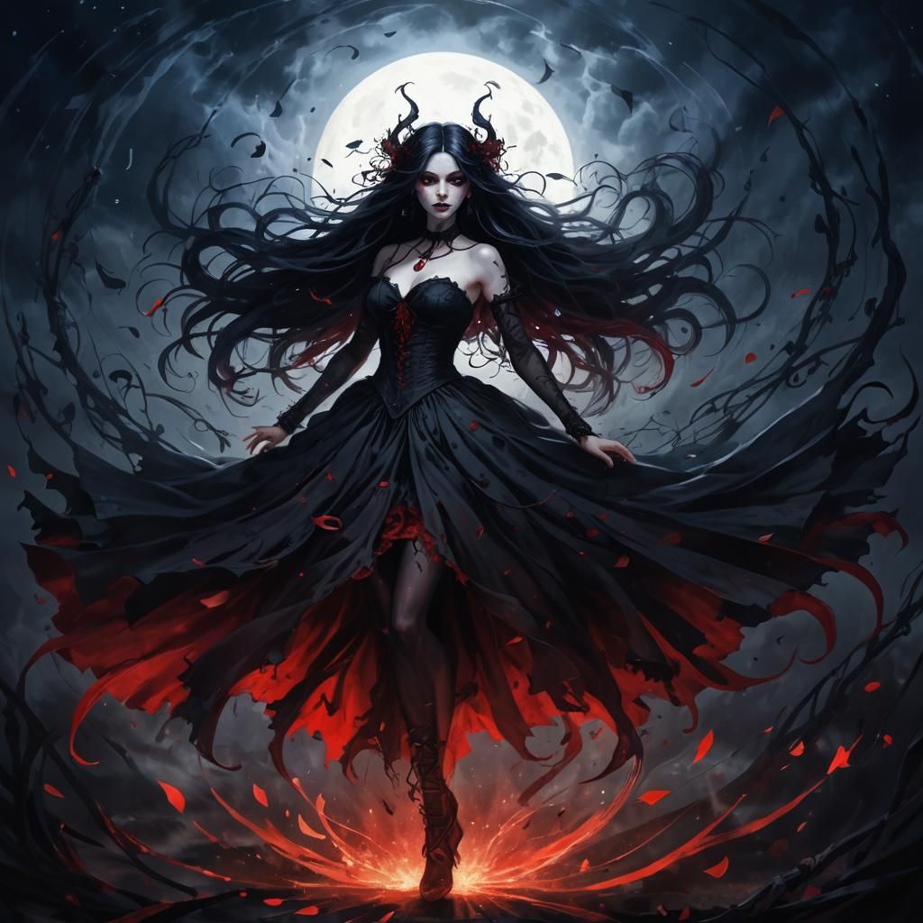 Gothic Demon Girl Dancing in Stormy Moonlight