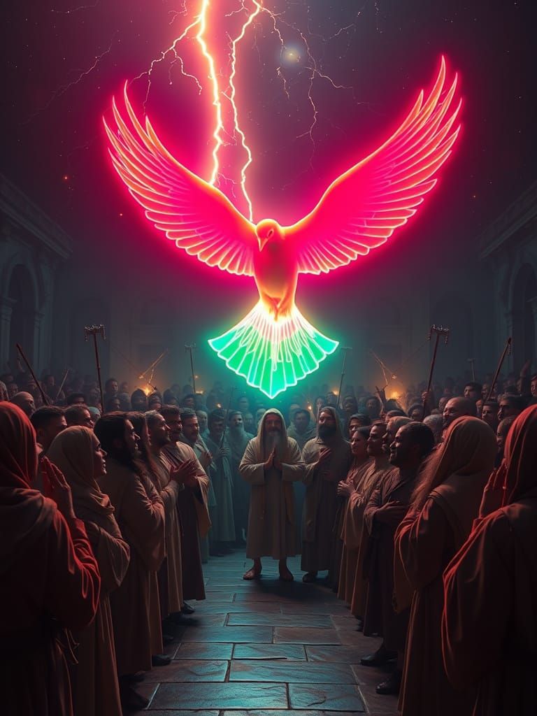 Pentecost Scene with Disciples in Bioluminescent Style