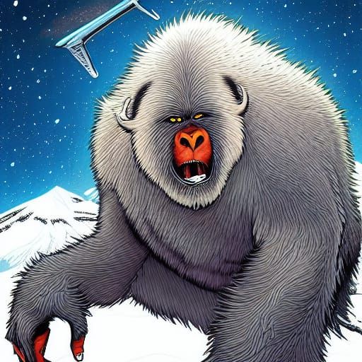 Yeti on Snowy Mountains in Comic Book Style