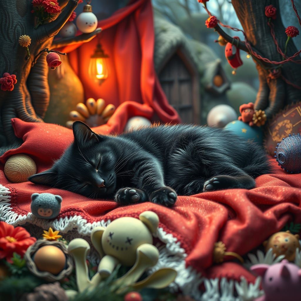 Vibrant Whimsical Textile Scene with Sleeping Black Cat