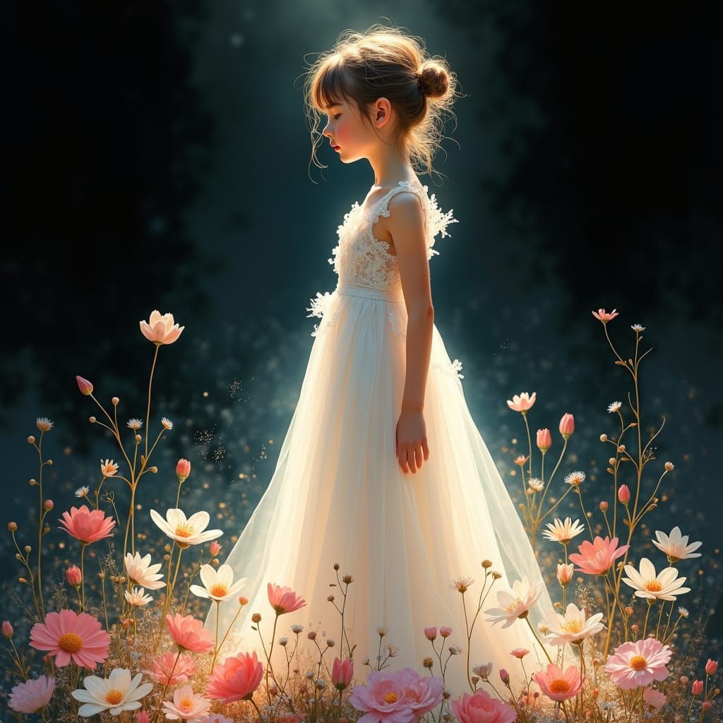 Girl in White Gown Surrounded by Pastel Flowers