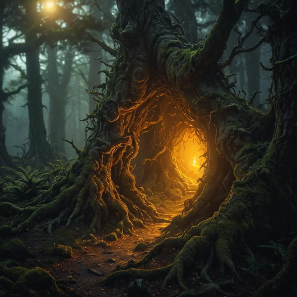 Golden Light Emanates from Ancient Forest Tree