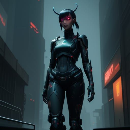 Cyberpunk Demon Girl in Ruined Cityscape