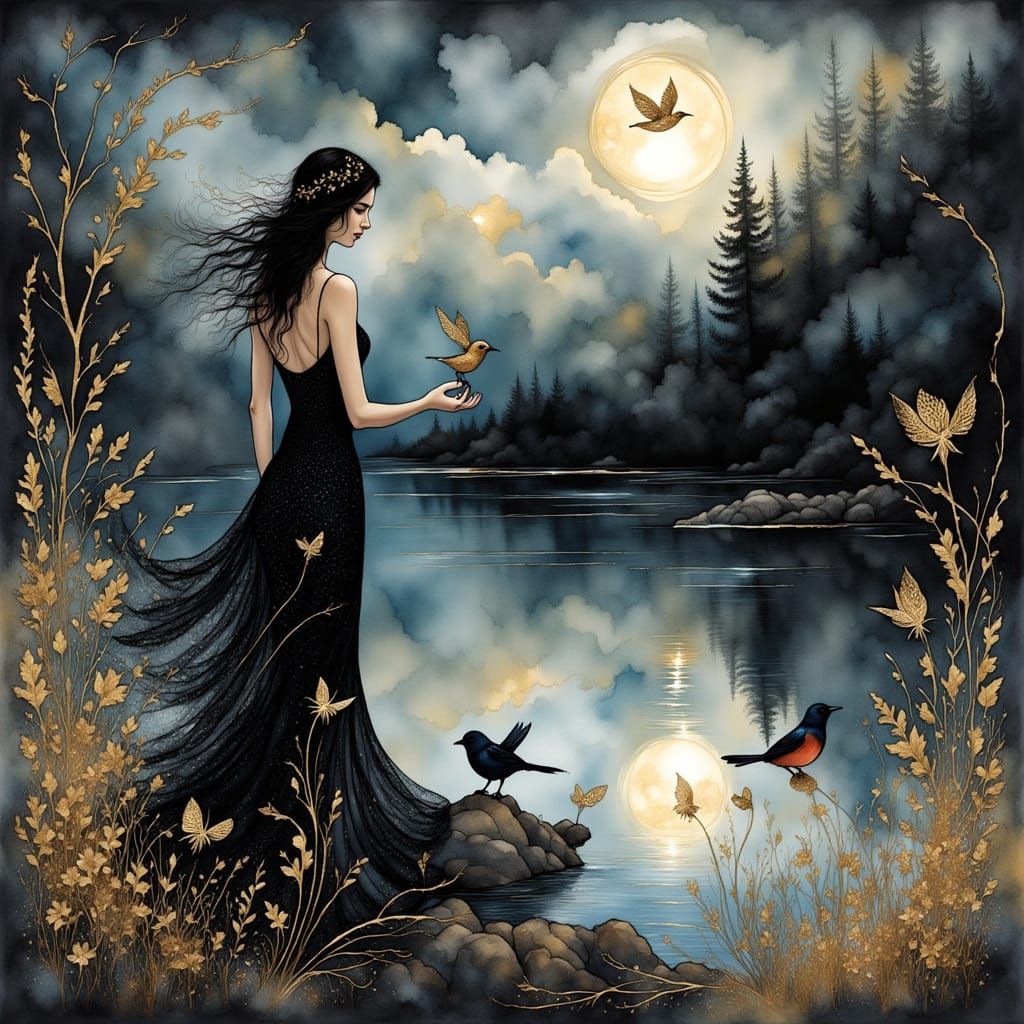 Ethereal Figure by Tranquil Lake in Alcohol Ink Style