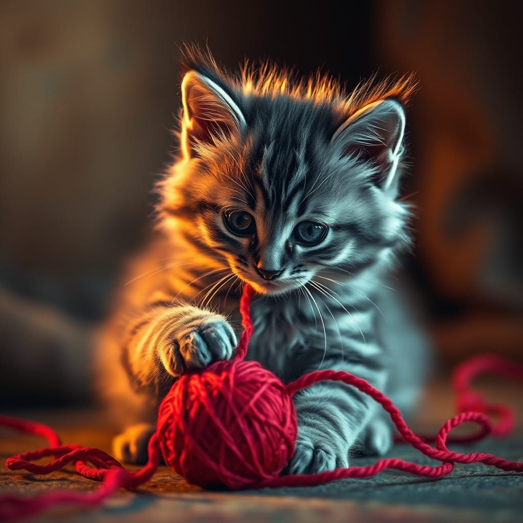Playful Kitten at Play with Vibrant Yarn in Hyperrealistic S...