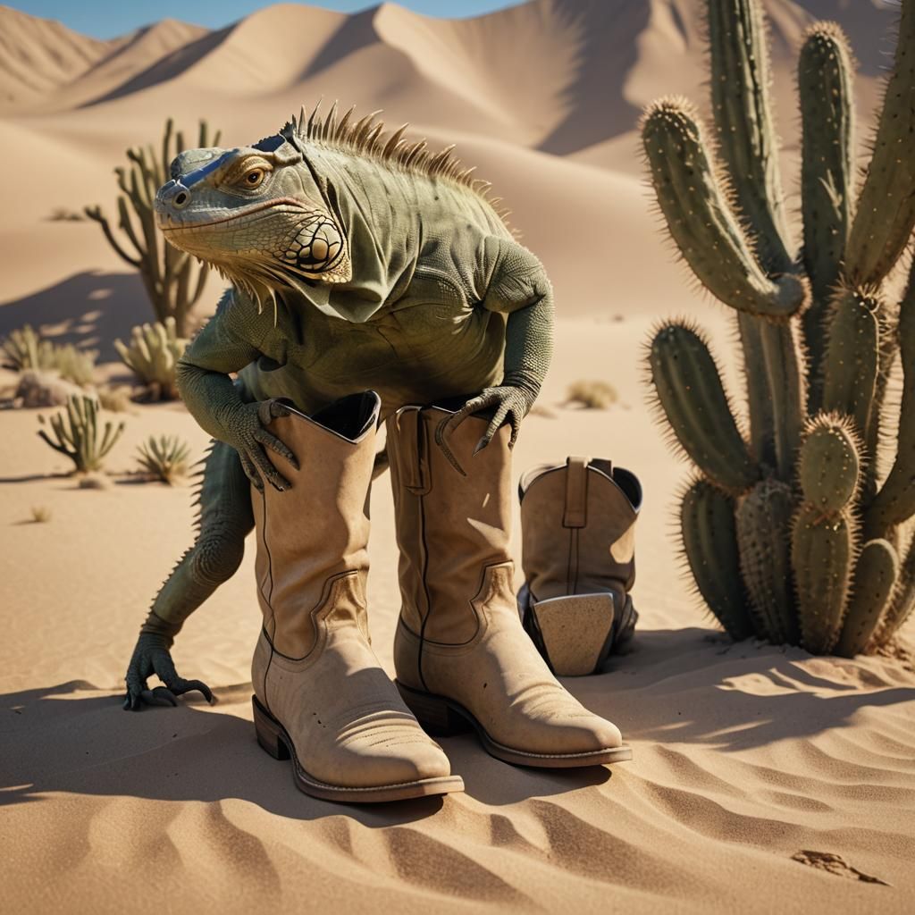 Hyperrealistic Iguana and Cowboy Boot in Desert