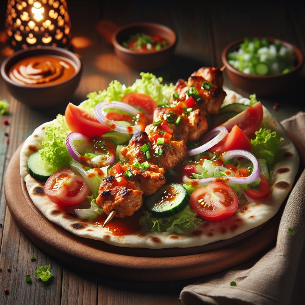 Delicious Chicken Kebab on Naan Bread with Salad