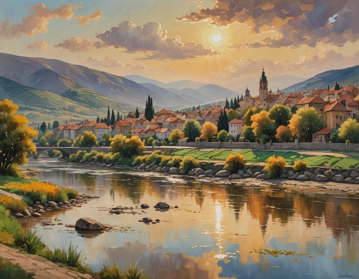 Steampunk Town at Sunset: Oil Painting in Fragonard Style