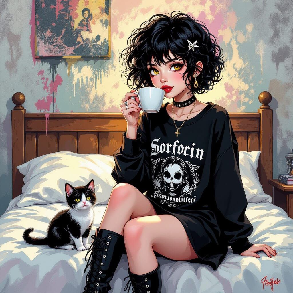 Emo Woman with Kitten Drinking Coffee, Anime Style