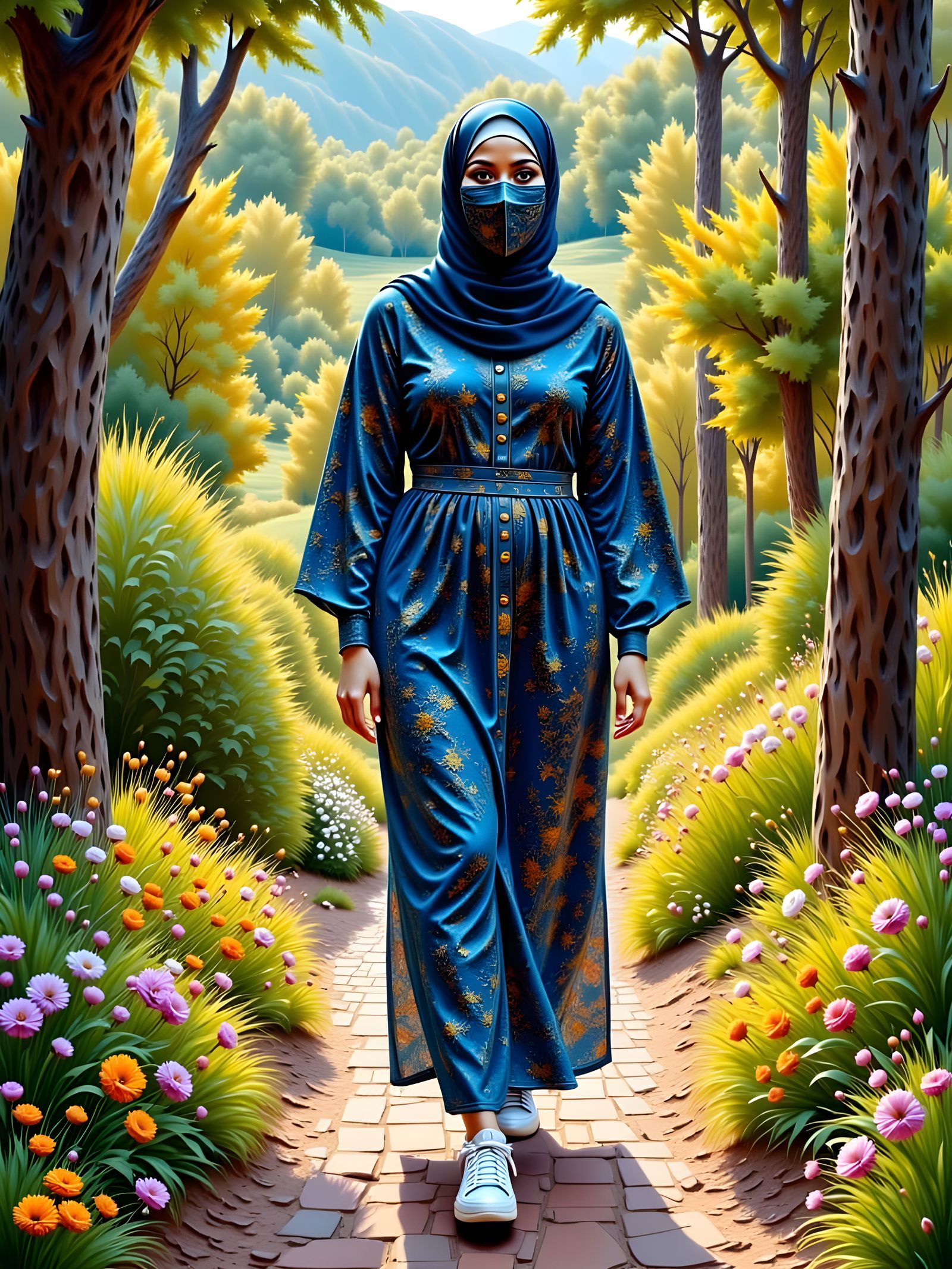 European Woman in Patterned Hijab in Forest