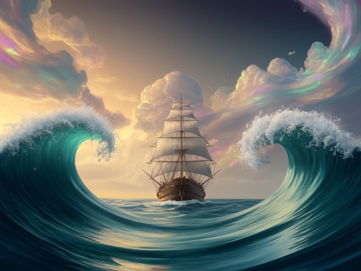 Ethereal Galleon Rides Serene Seas in Dreamlike Digital Art