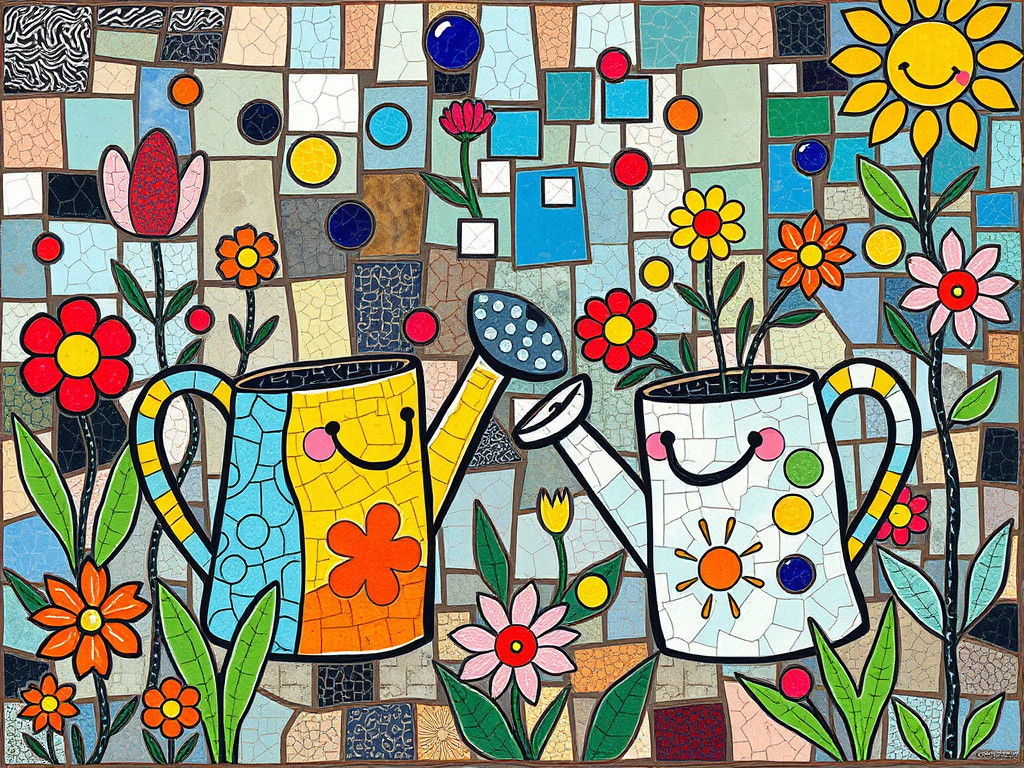 Mosaic Surrealism: Smiling Watering Cans and Flowers