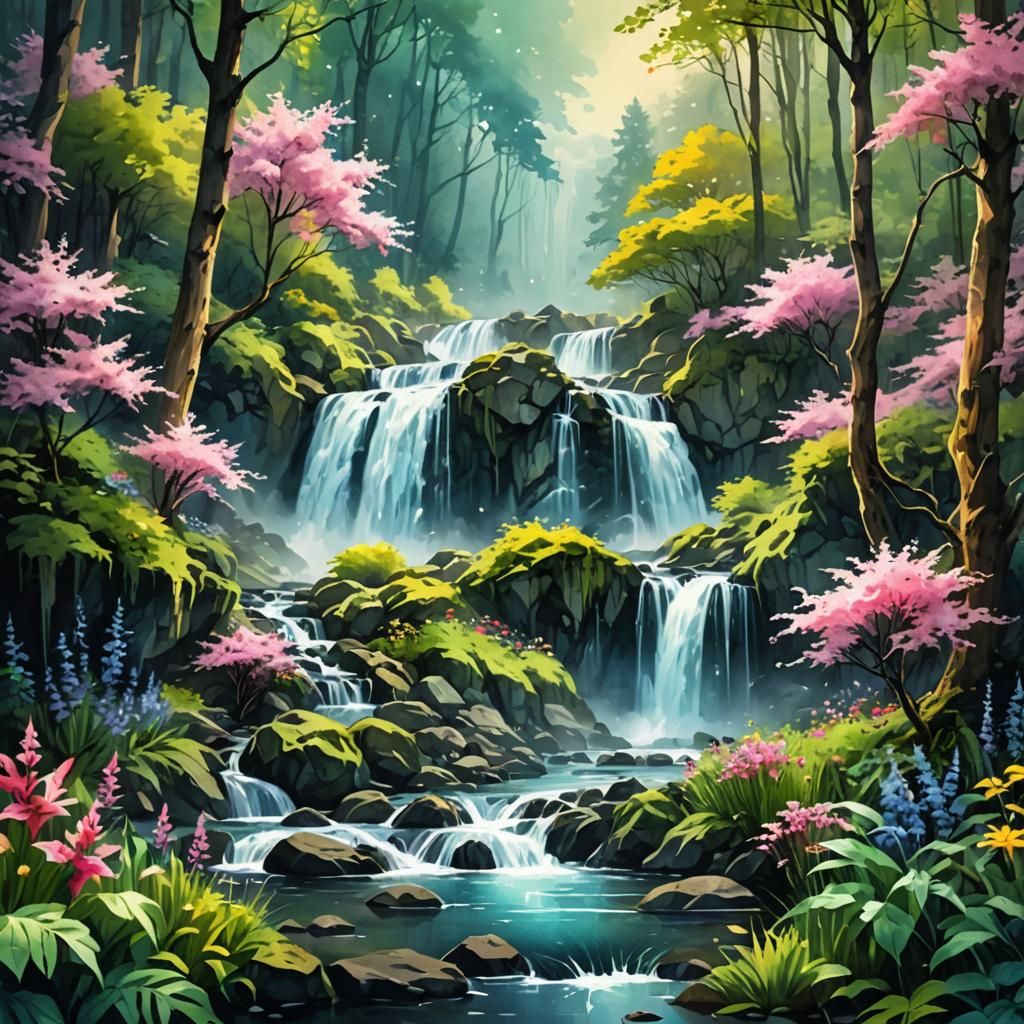 Watercolor Waterfall in Spring Forest Fantasy