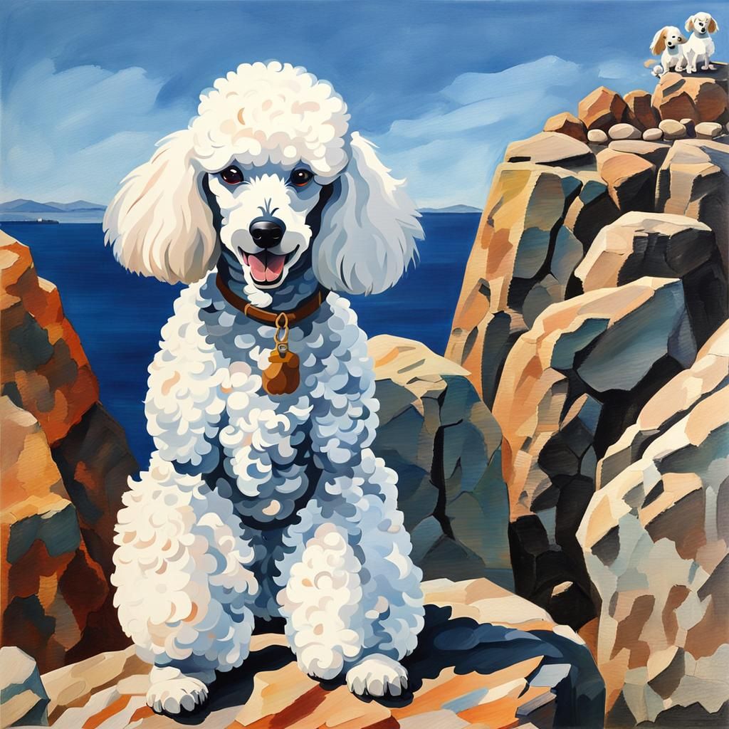 White Poodle on Cliff in Gouache Style