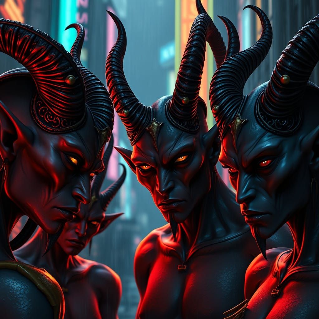 Dark City Tieflings Unite in Neon Hues