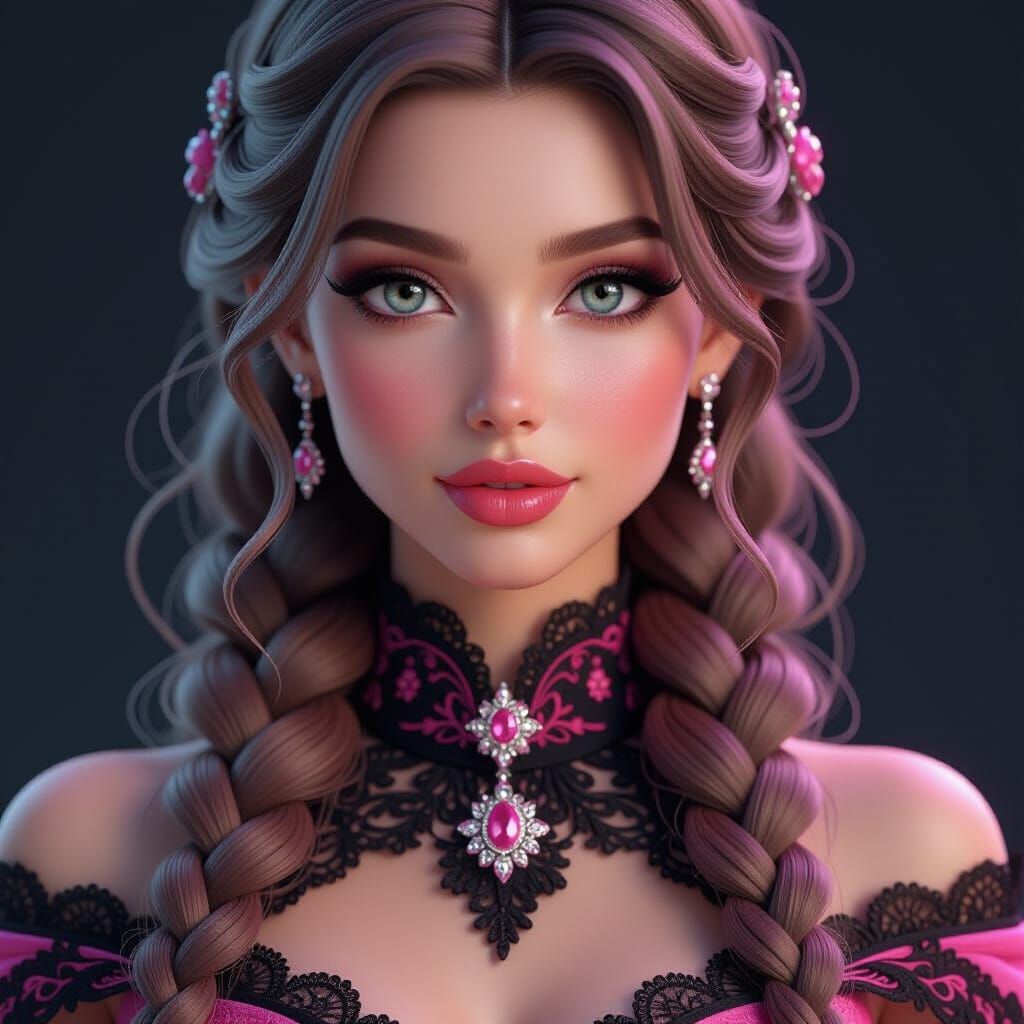 Glamorous Woman with Pink Braids in Detailed 3D